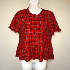 MADEWELL Red and Black Plaid Ruffle‎ Hem Puff Sleeve Button Down Blouse Size S